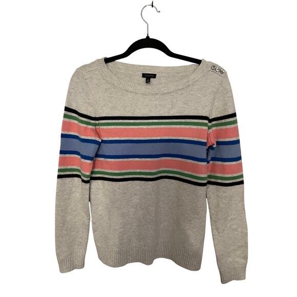 Talbots Sweater Womens XS Gray w/ Black Blue Pink Green Stripes Shoulder Buttons - Picture 1 of 8